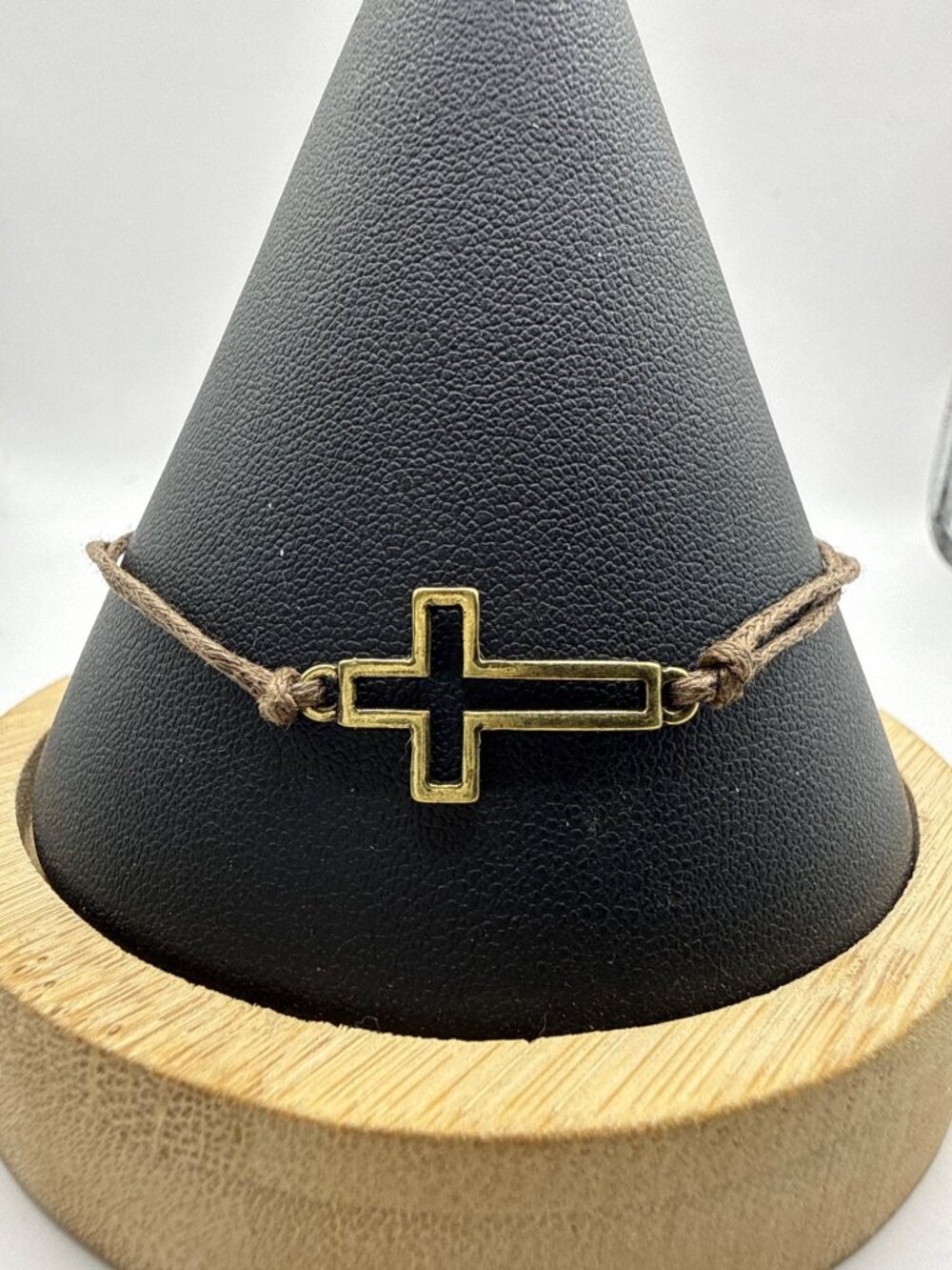 Gold Tone Sideways Hollow Cross Adjustable Cord Bracelet Faith Minimalist Charm